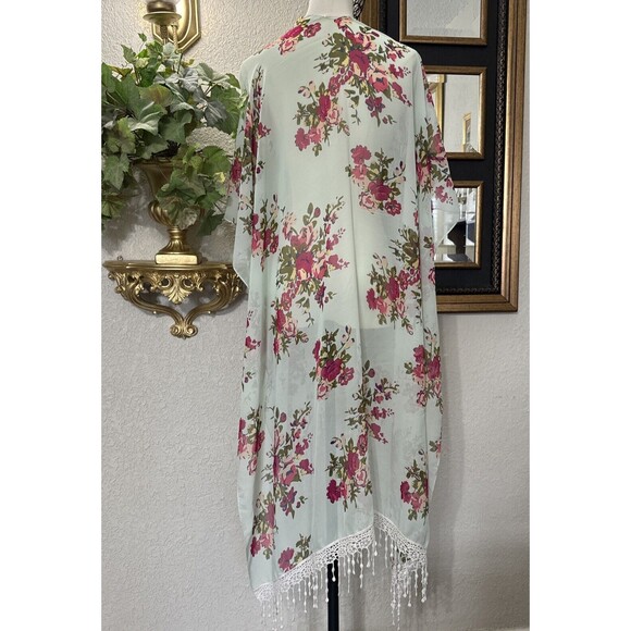 Boho Fringe Cardigan Floral Women’s Open Kimono Sheer Coverup Colorful One Size - Picture 4 of 12